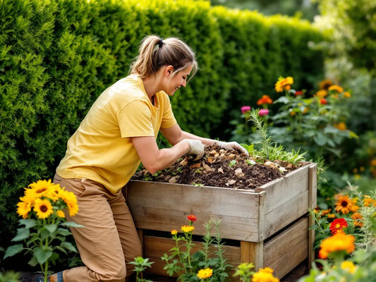 Femme qui s'occupe de son bac à compost dans son jardin