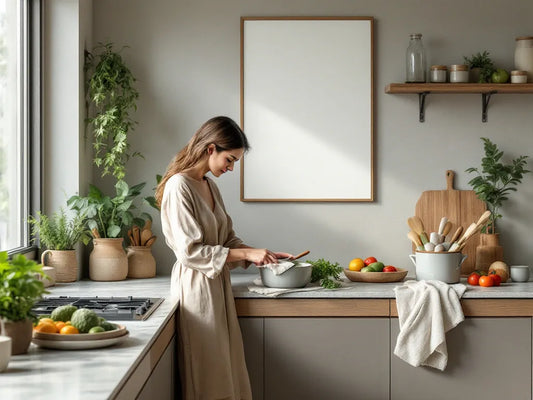 Femme qui cuisine dans sa cuisine