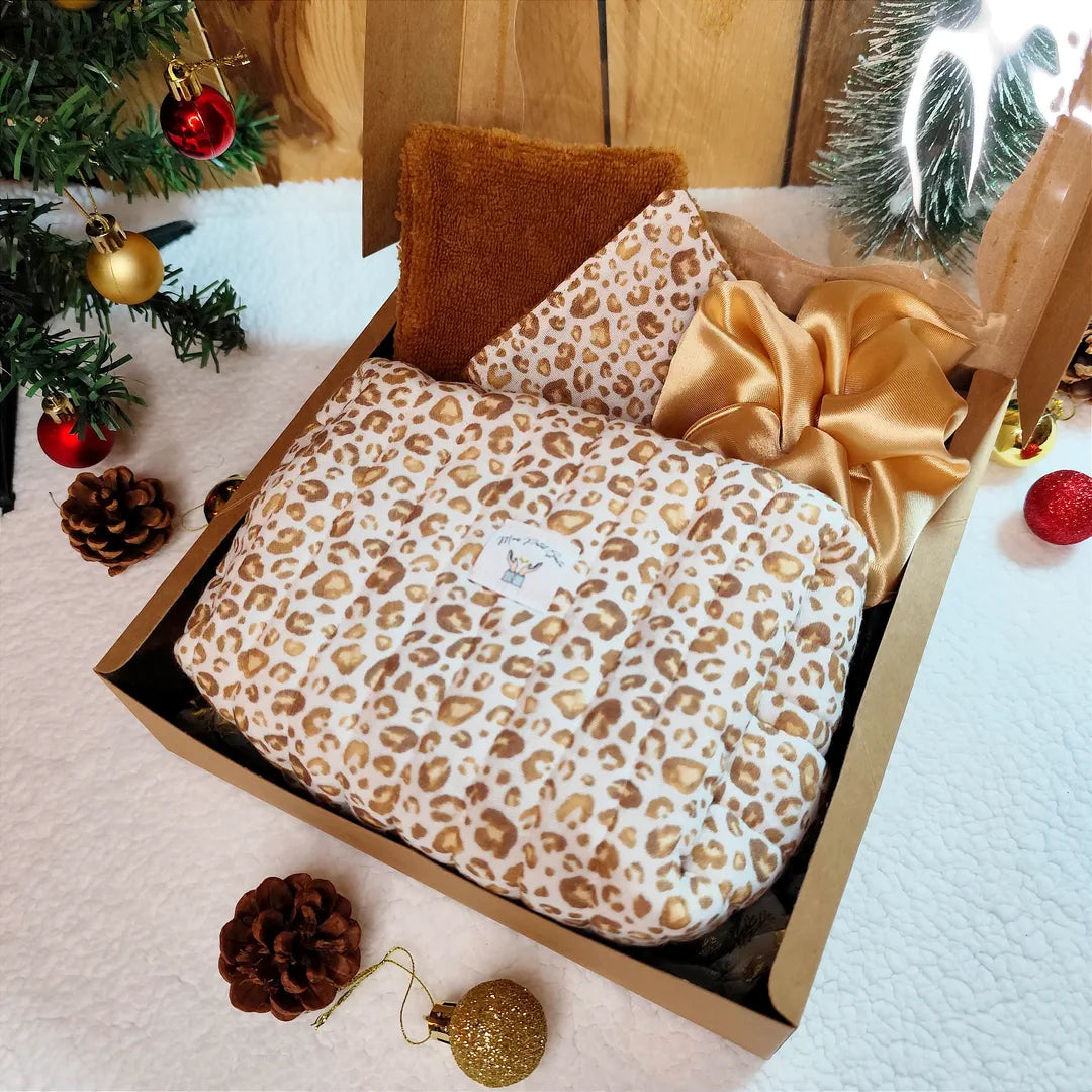 Coffret cadeau salle de bain Trousse de toilette matelassée, chouchou, cotons lavables, motifs léopard