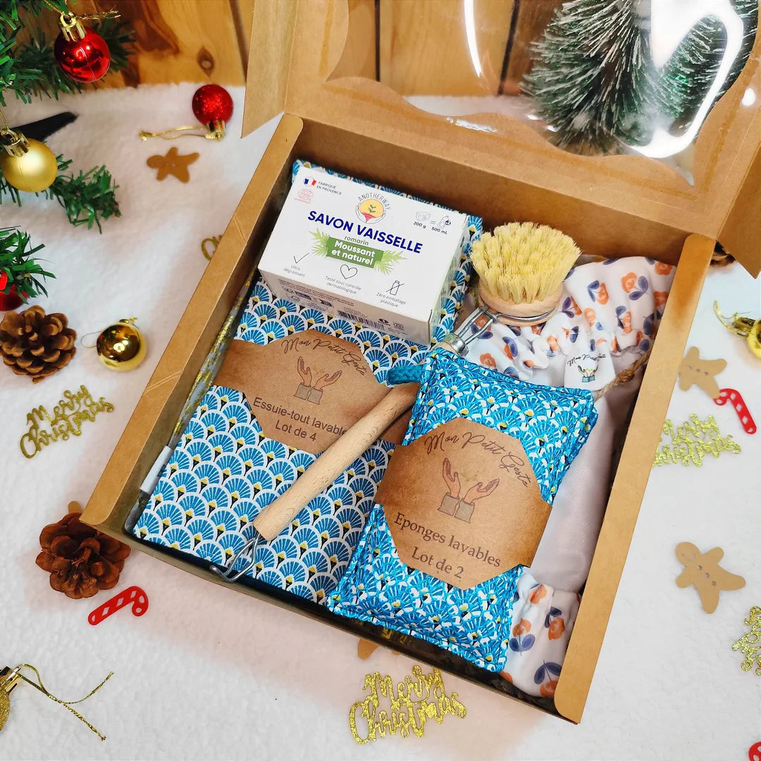 Coffret cadeau cuisine zéro déchet avec motifs bleu, essuie-tout lavables, éponges lavables, charlotte alimentaire, brosse, savon solide