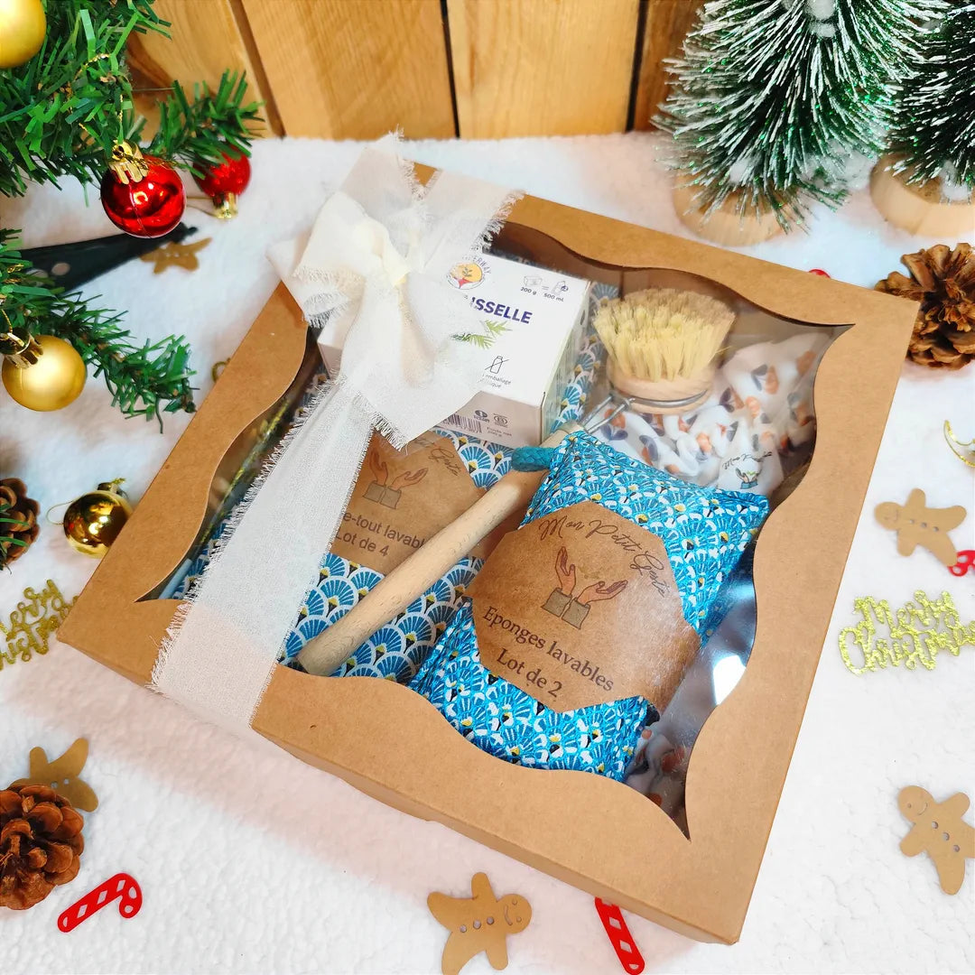 Coffret cadeau cuisine zéro déchet avec motifs bleu, essuie-tout lavables, éponges lavables, charlotte alimentaire, brosse, savon solide