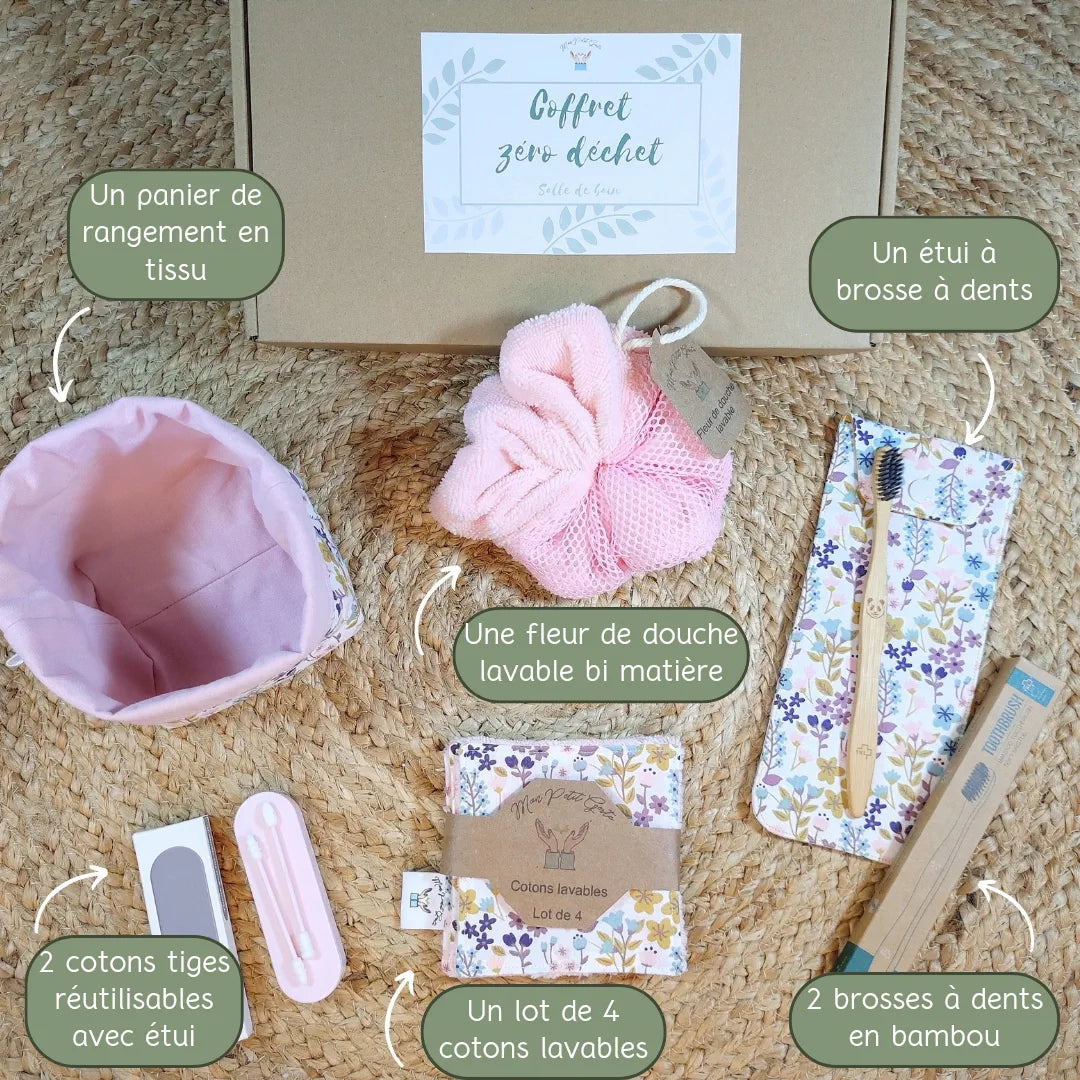 Coffret zéro déchet salle de bain rose : panier en tissu, fleur de douche lavable, étui à brosse à dents, 2 cotons tiges réutilisables, 4 cotons lavables, 2 brosses à dents en bambou