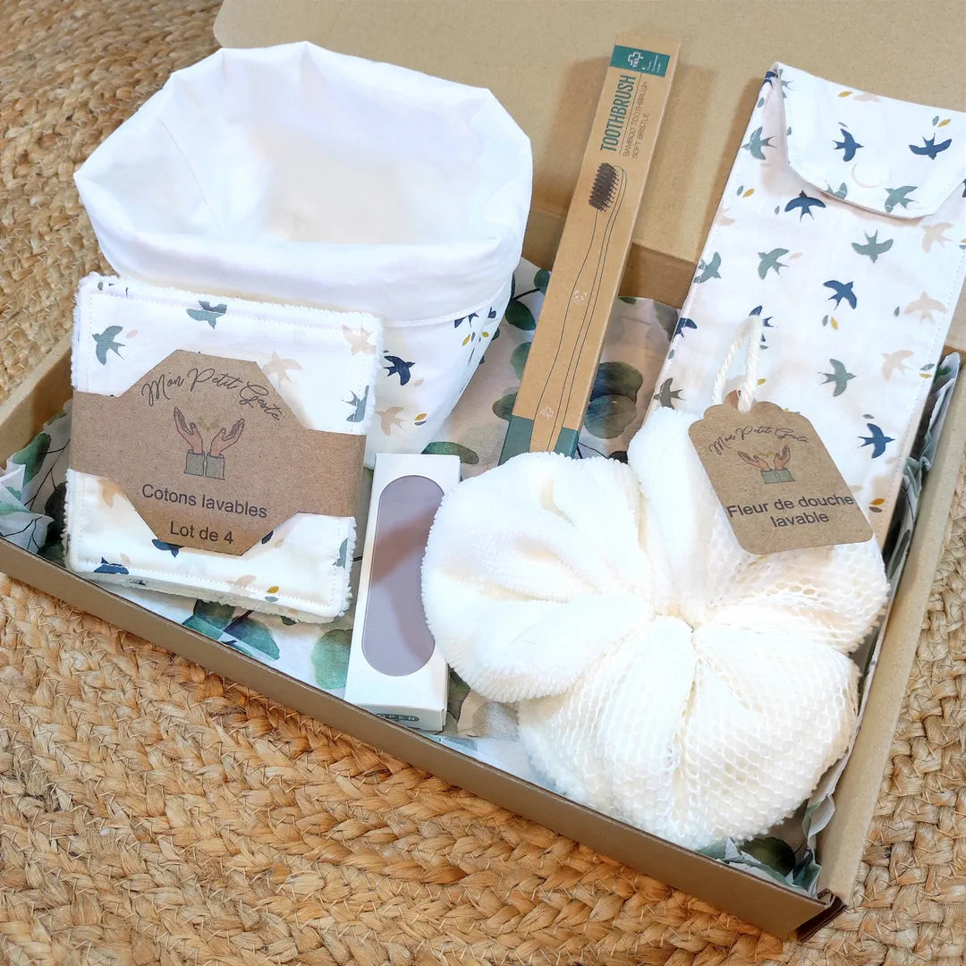 Coffret zéro déchet salle de bain blanc motifs oiseaux