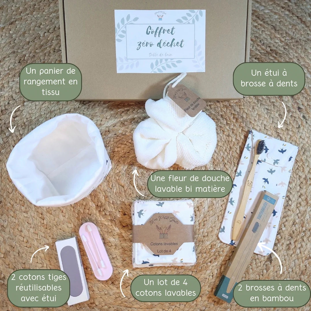 Coffret zéro déchet salle de bain blanc : panier en tissu, fleur de douche lavable, étui à brosse à dents, 2 cotons tiges réutilisables, 4 cotons lavables, 2 brosses à dents en bambou