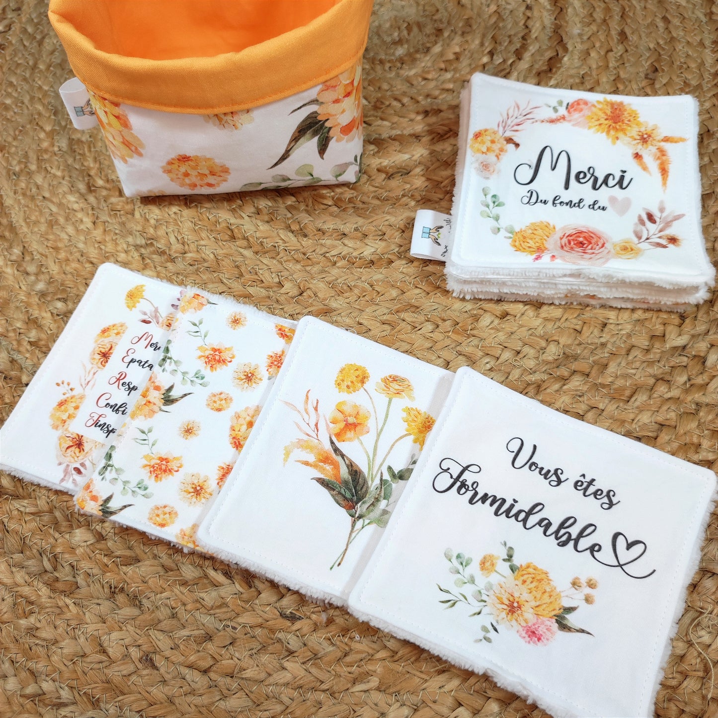 Lot de 8 cotons lavables et panier "Merci" - pour AESH, animatrice, personnel de cantine...