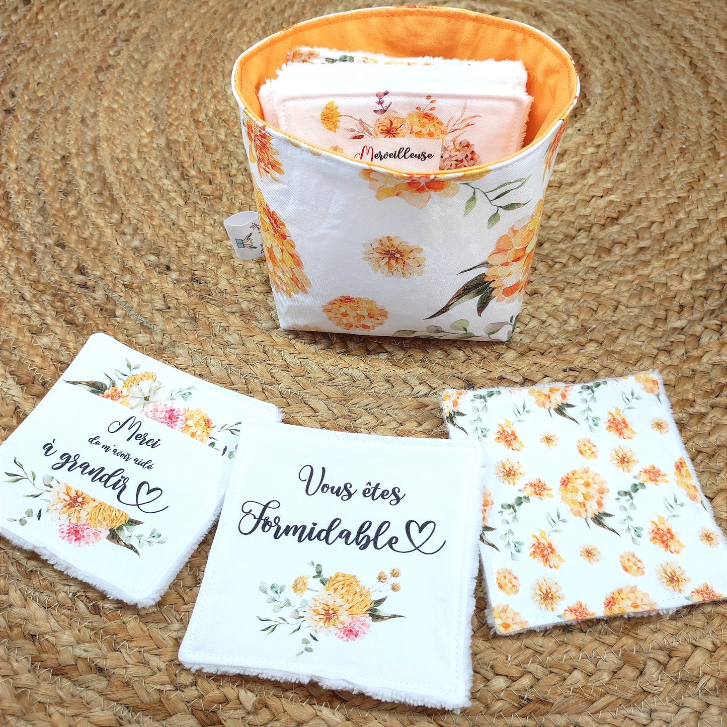Lot de 8 cotons lavables et panier "Merci" - pour AESH, animatrice, personnel de cantine...