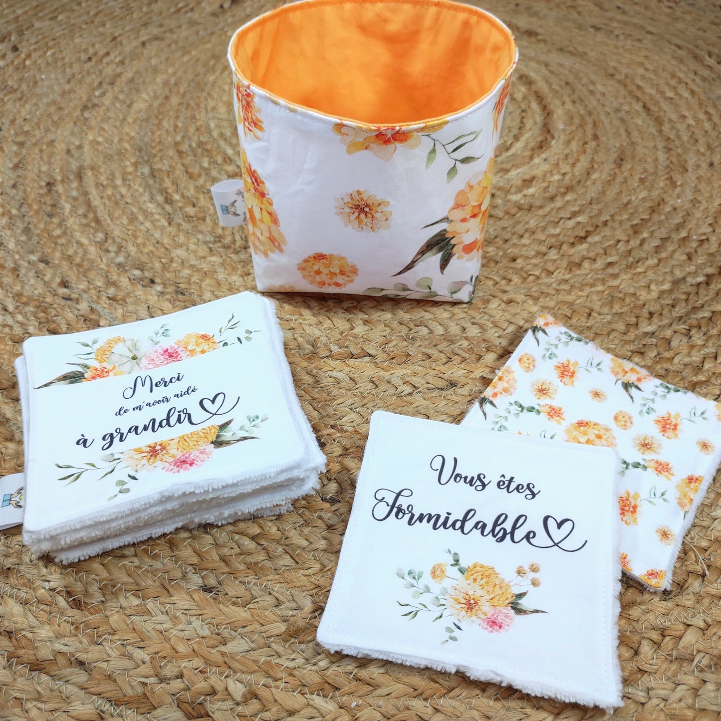 Lot de 8 cotons lavables et panier "Merci" - pour AESH, animatrice, personnel de cantine...