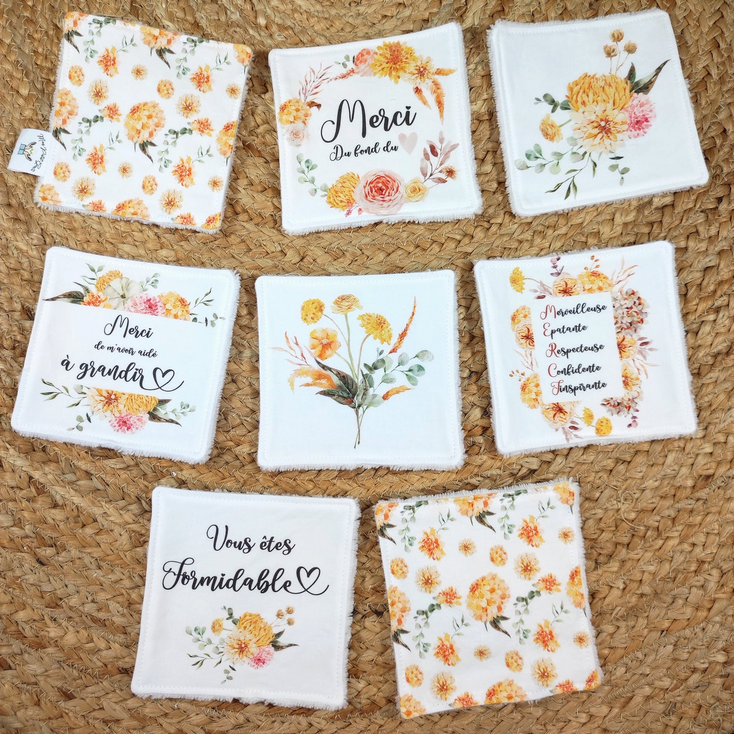 Lot de 8 cotons lavables et panier "Merci" - pour AESH, animatrice, personnel de cantine...