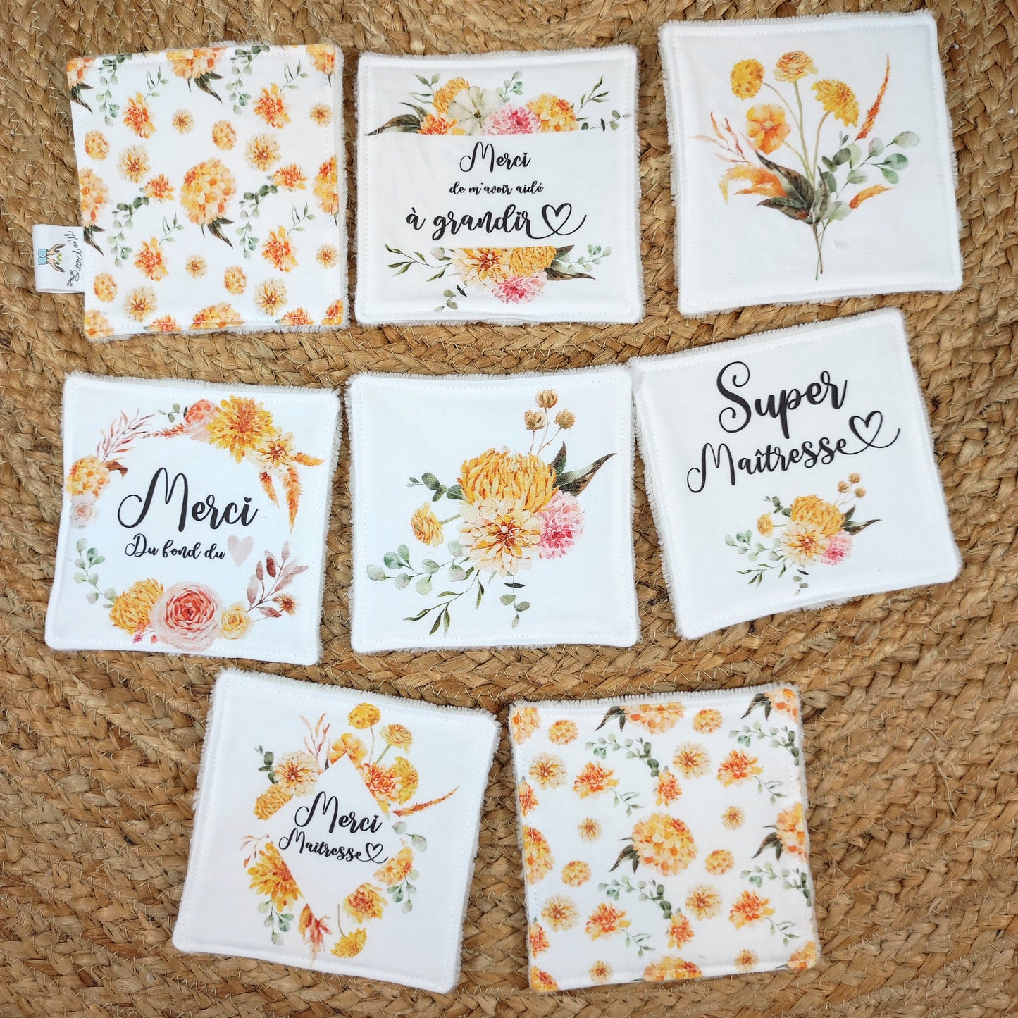 Lot de 8 cotons lavables et panier - "Maîtresse"