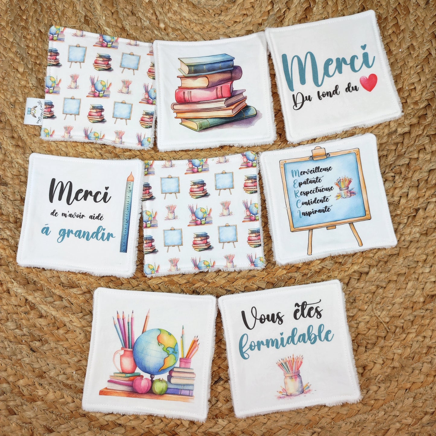 Lot de 8 cotons lavables et panier "Merci"