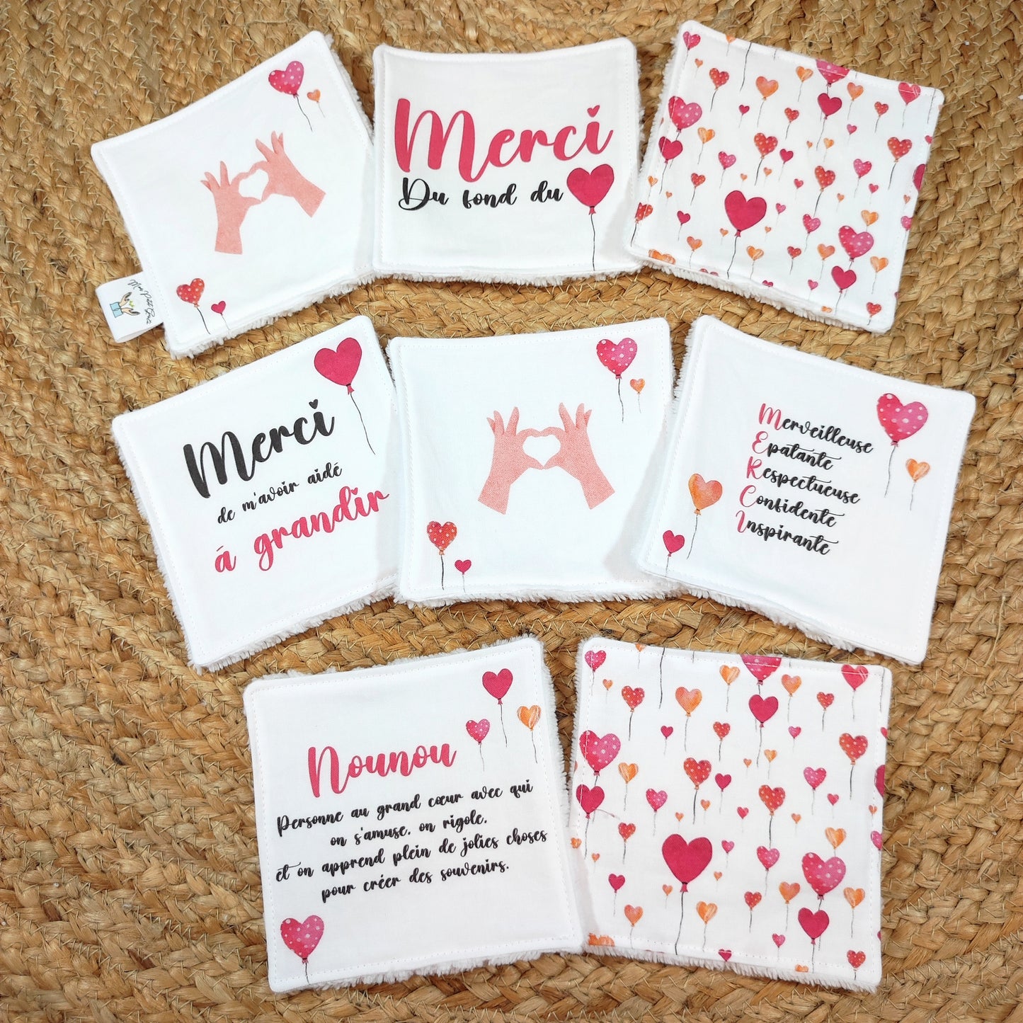 Lot de 8 cotons lavables et panier - "Nounou"