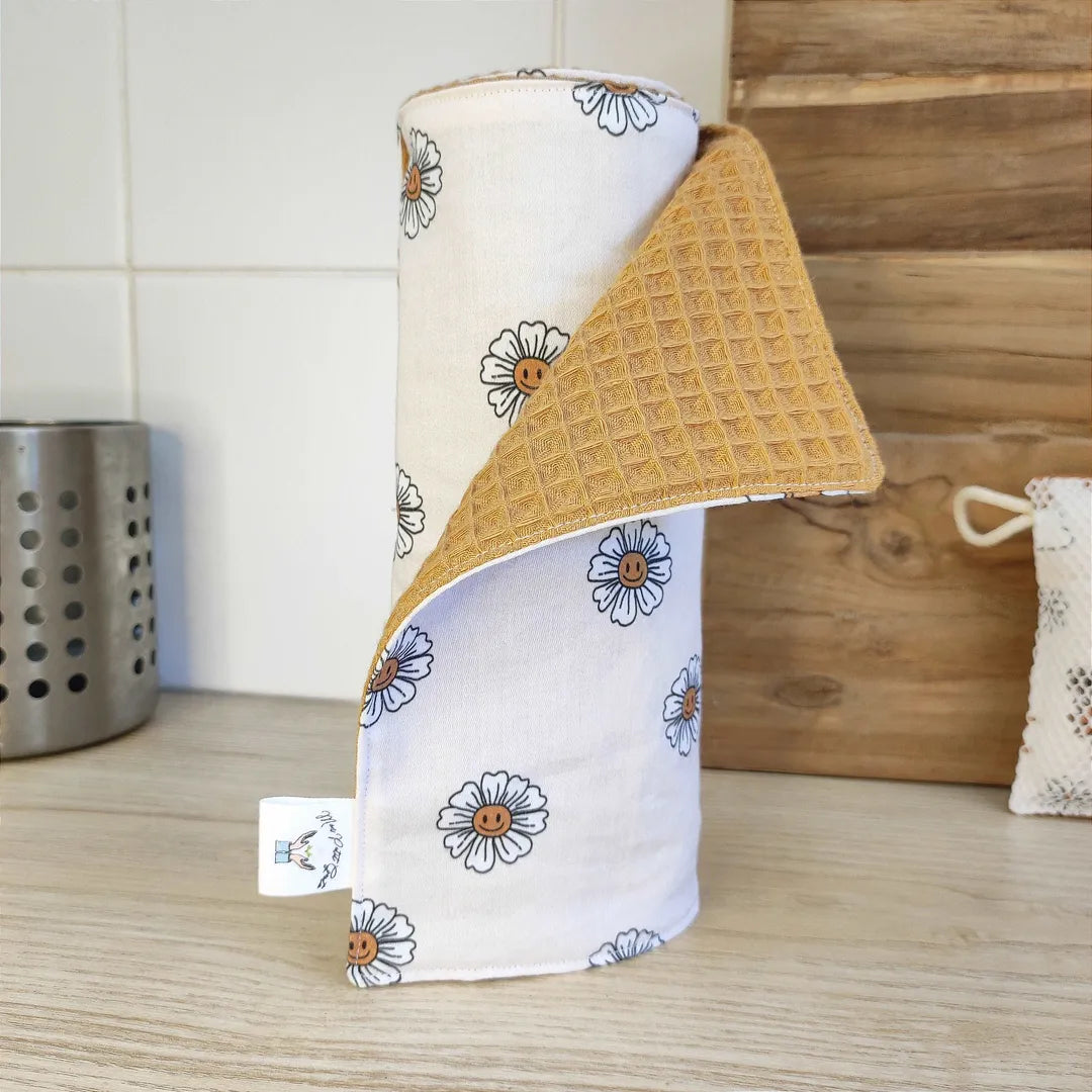 rouleau essuie-tout lavables jaune motifs fleurs rétro