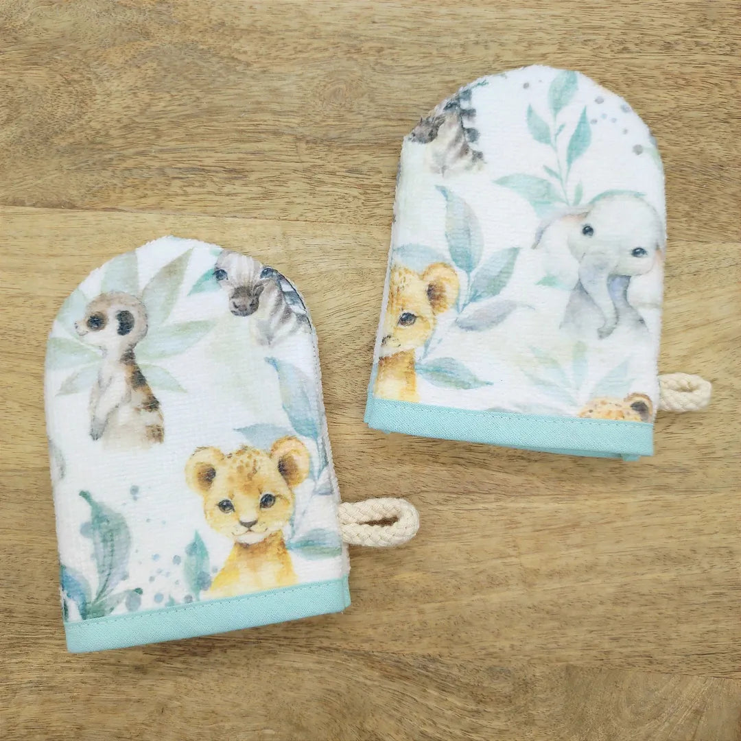 gants de toilette pour enfants ou bébé motifs animaux de la jungle éléphant
