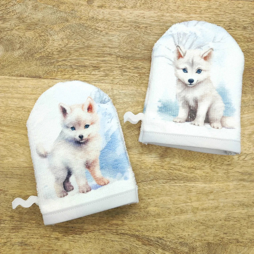 gants de toilette pour enfants ou bébé motifs renard polaire neige
