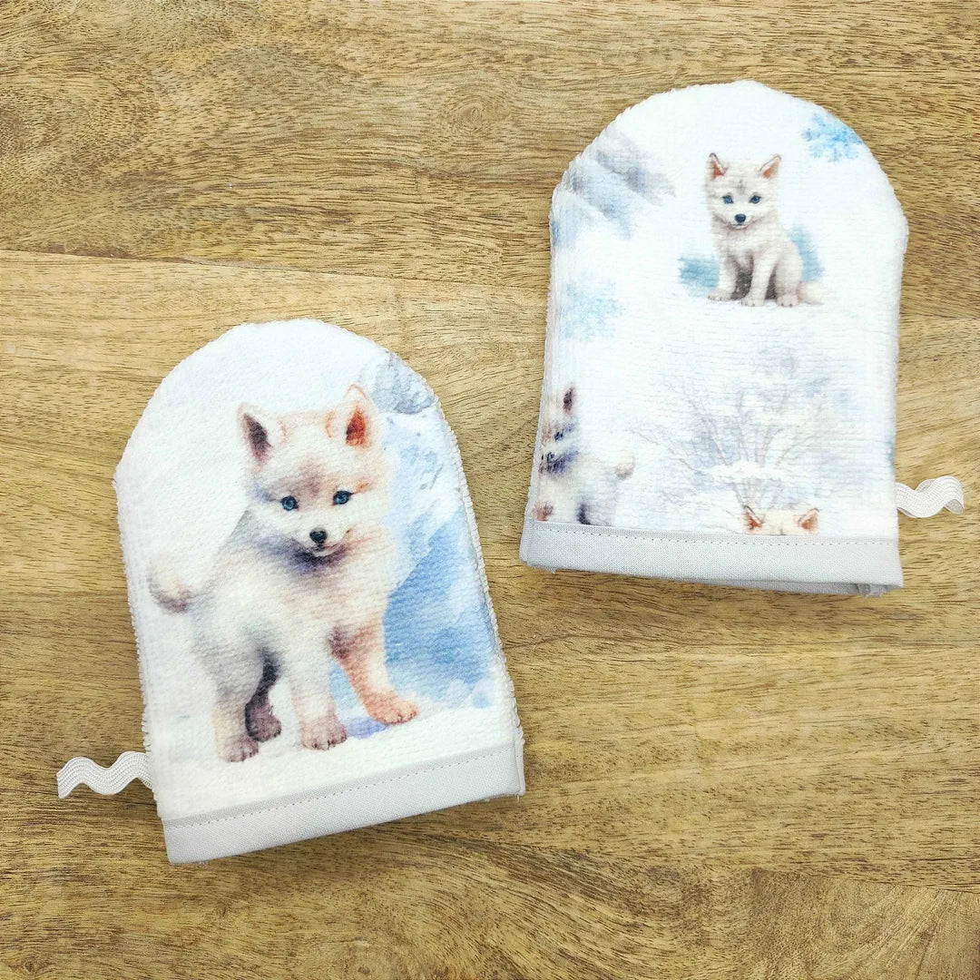 gants de toilette pour enfants ou bébé motifs renard polaire neige