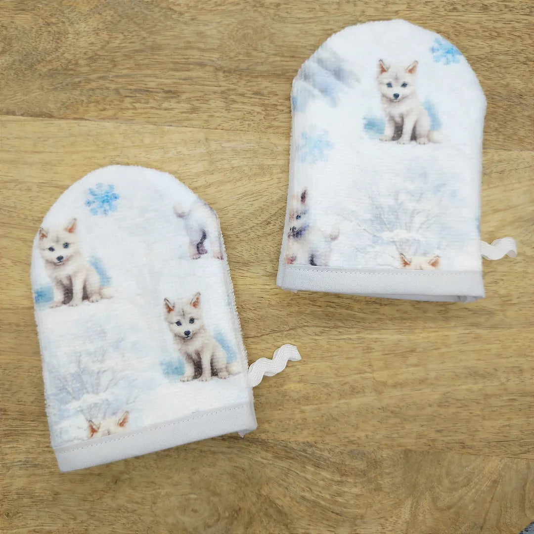 gants de toilette pour enfants ou bébé motifs renard polaire neige