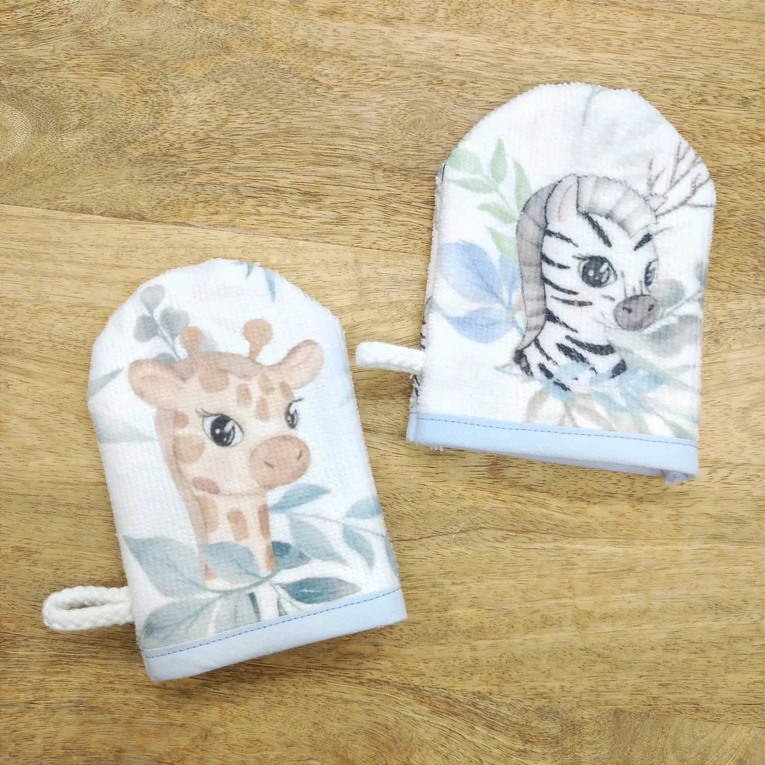 gants de toilette pour enfants ou bébé motifs animaux safari