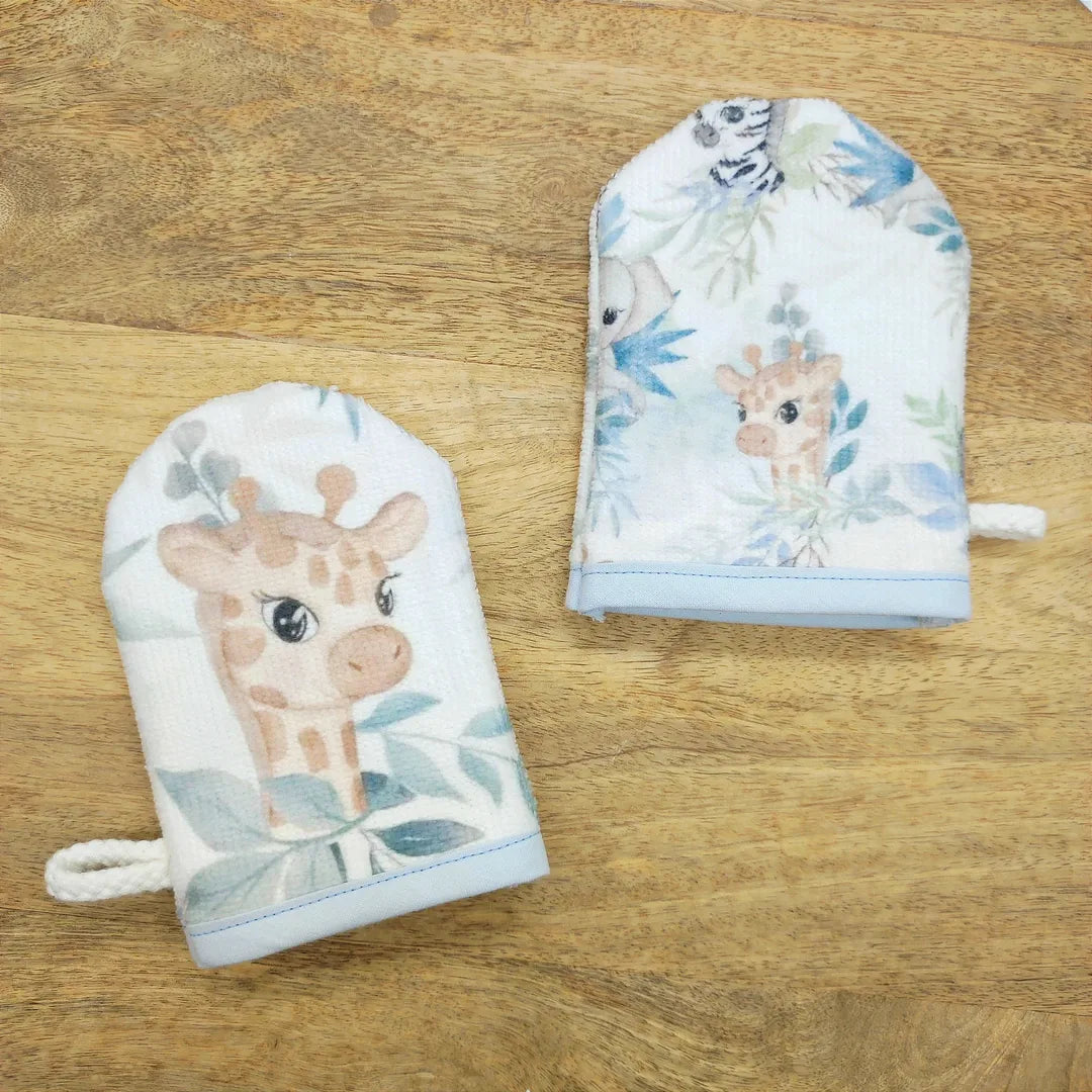 gants de toilette pour enfants ou bébé motifs animaux safari