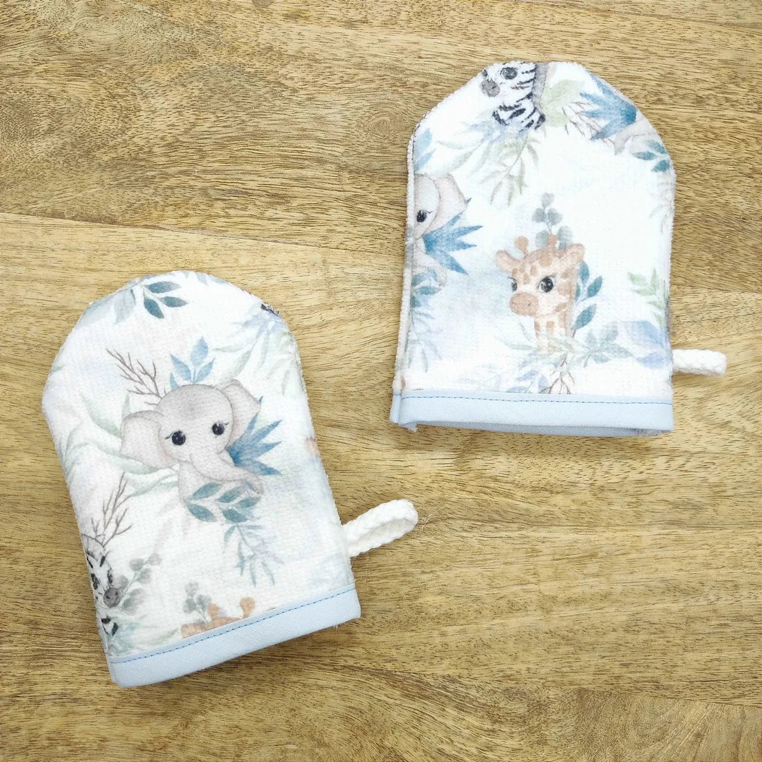 gants de toilette pour enfants ou bébé motifs animaux safari