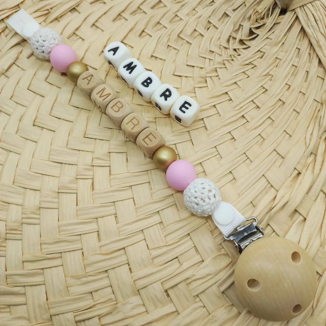 attache tétine prénom personnalisable rose et or