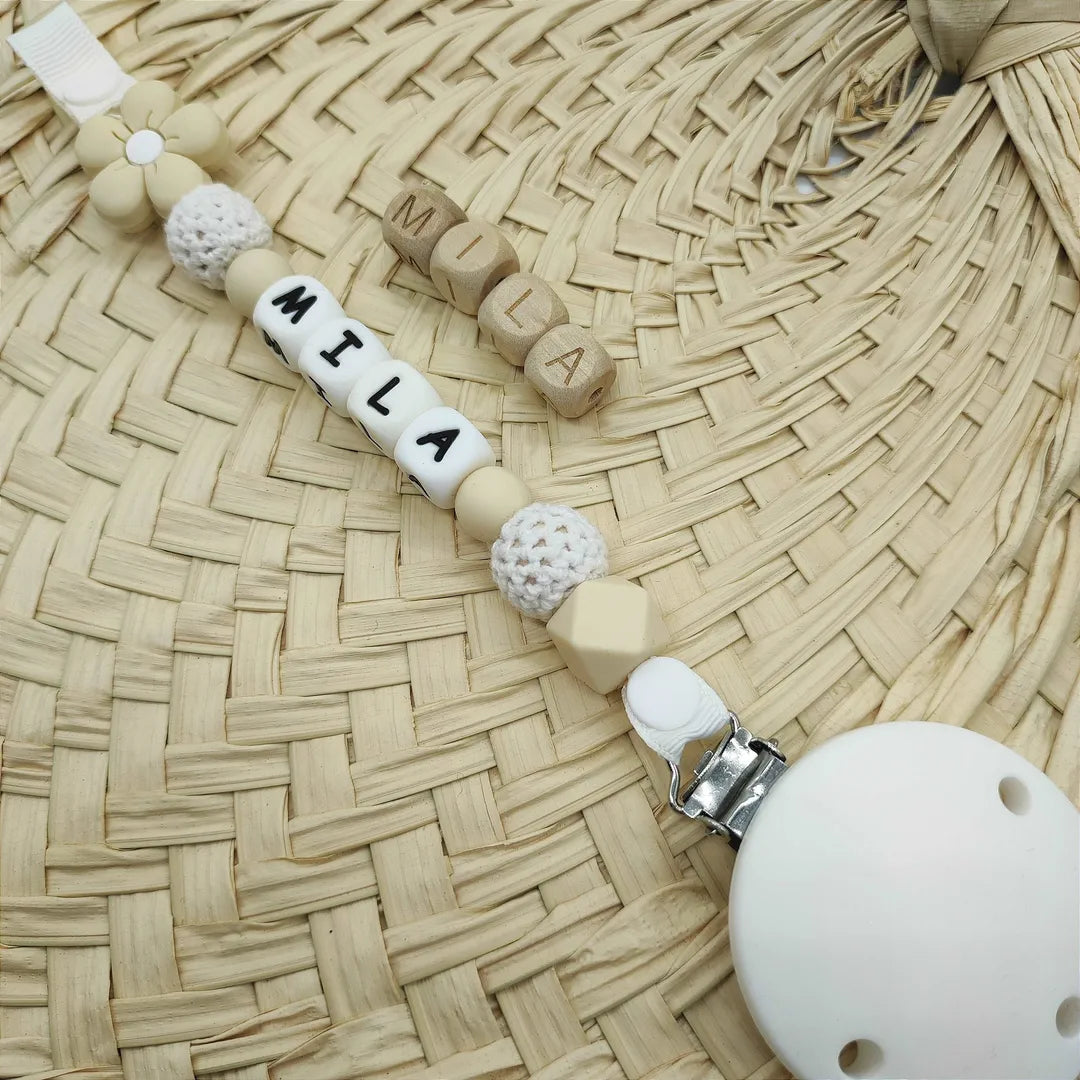 attache tétine prénom personnalisable beige