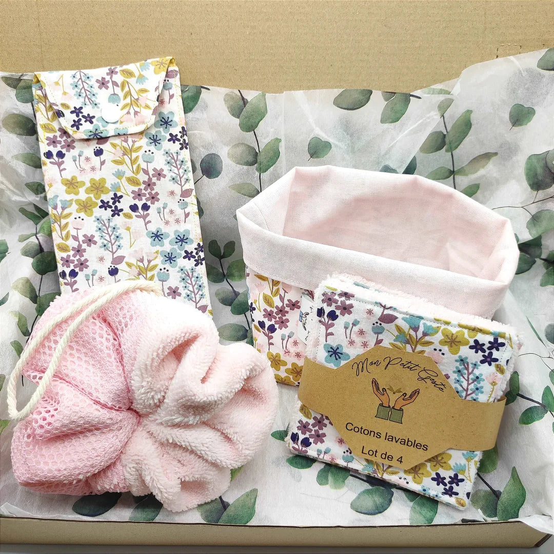 coffret salle de bain zéro déchet rose motifs fleurs mon petit geste