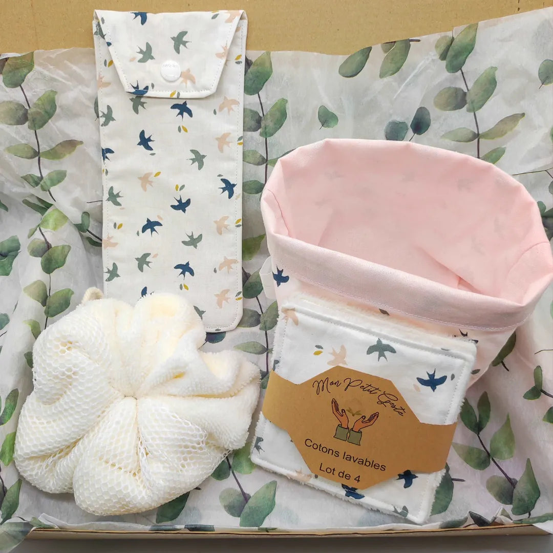 coffret salle de bain zéro déchet motifs oiseaux mon petit geste