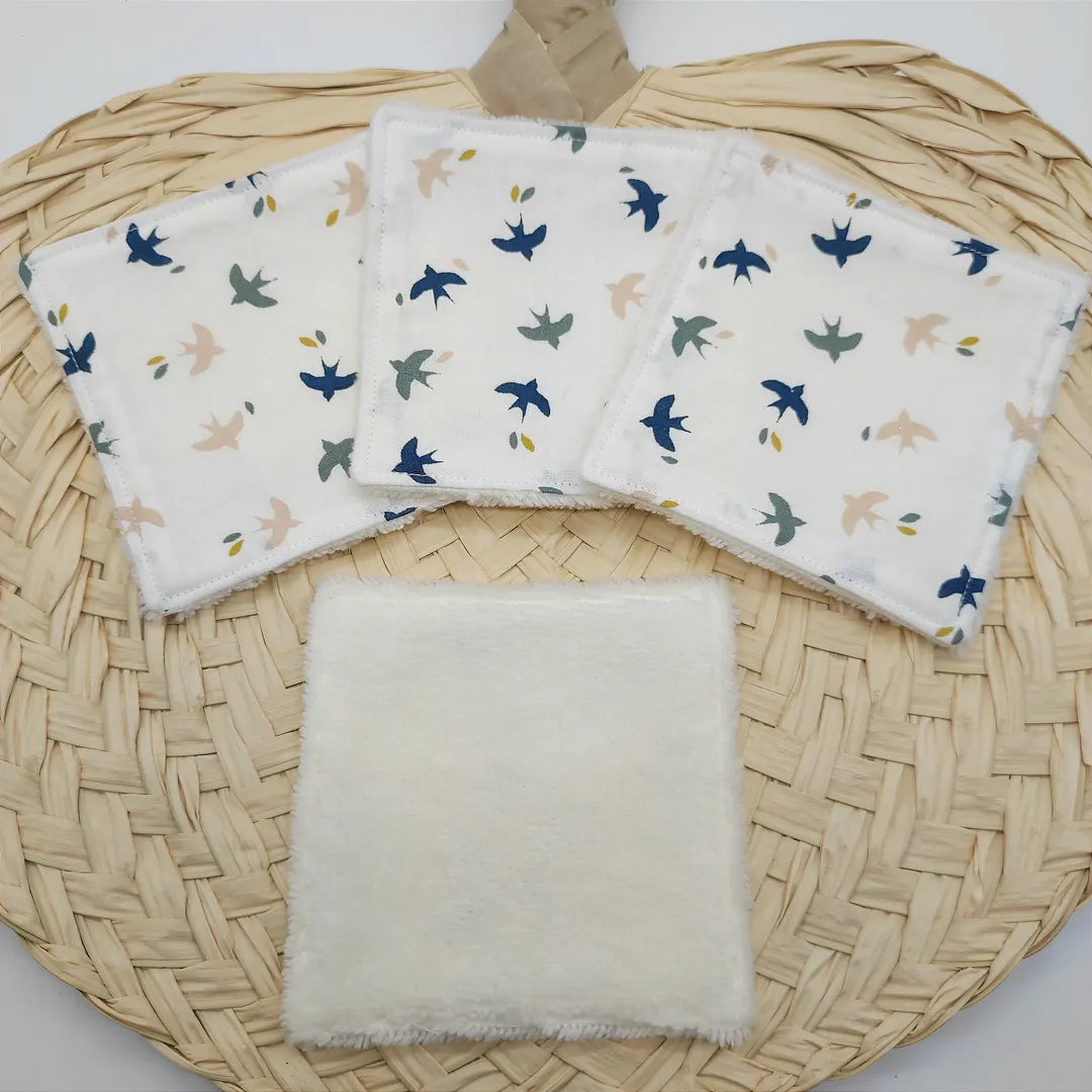 cotons lavables démaquillants carré motifs oiseaux