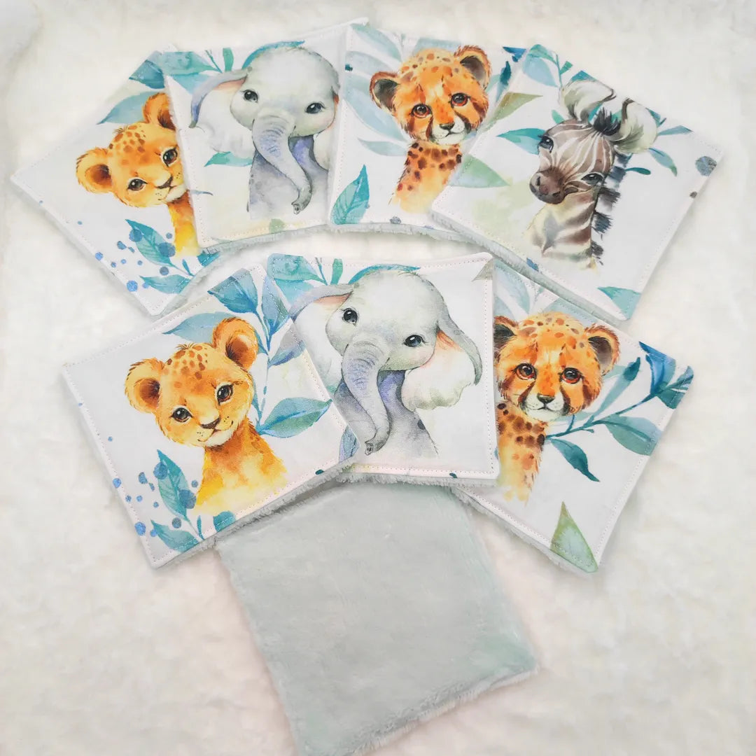 cotons lavables pour bébé bleu motifs animaux de la jungle