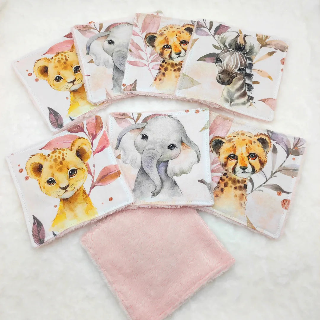 cotons lavables pour bébé rose motifs animaux de la jungle