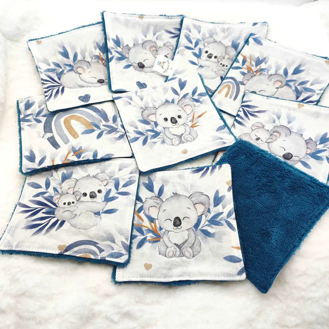 cotons lavables bleu pour enfants ou bébé motifs koala