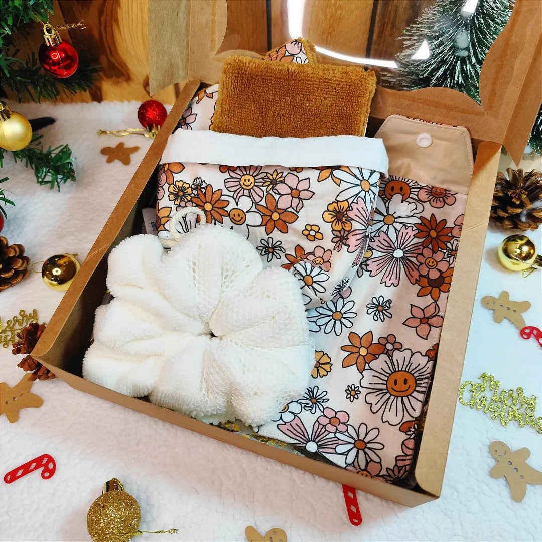 Coffret cadeau salle de bain zéro déchet avec motifs fleurs vintage, fleur de douche lavable, cotons lavables avec panier, étui pour brosse à dents