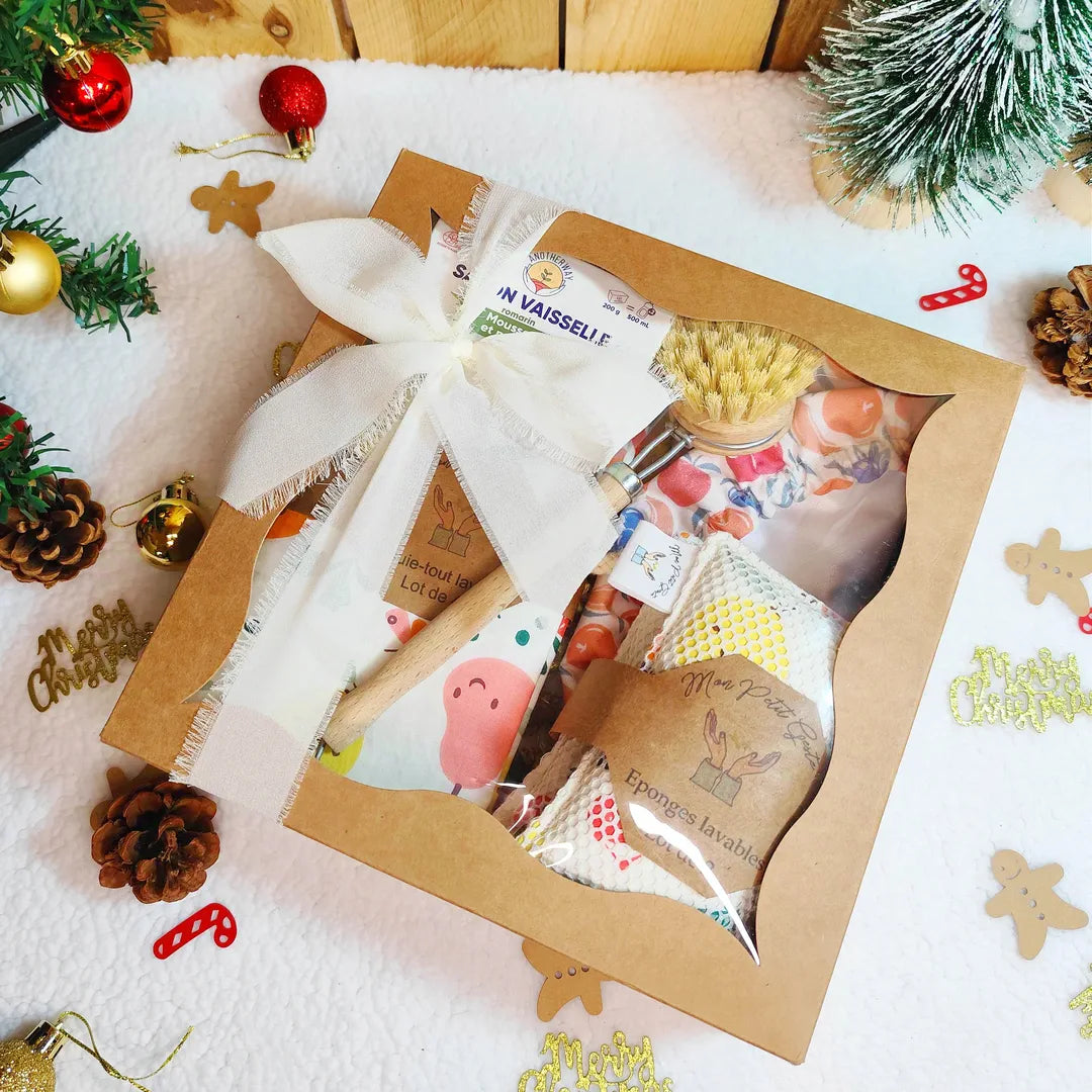 Coffret cadeau cuisine zéro déchet avec motifs fruits et légumes, essuie-tout lavables, éponges lavables, charlotte alimentaire, brosse, savon solide