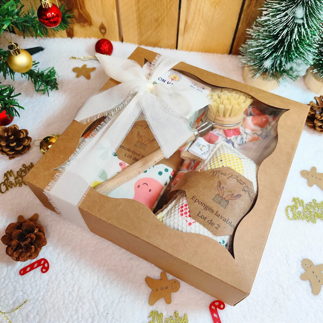 Coffret cadeau cuisine zéro déchet avec motifs fruits et légumes, essuie-tout lavables, éponges lavables, charlotte alimentaire, brosse, savon solide