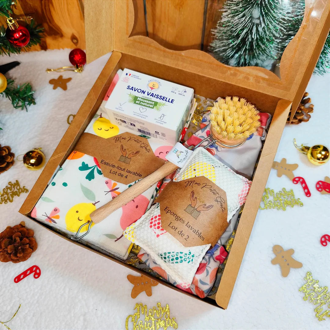 Coffret cadeau cuisine zéro déchet avec motifs fruits et légumes, essuie-tout lavables, éponges lavables, charlotte alimentaire, brosse, savon solide